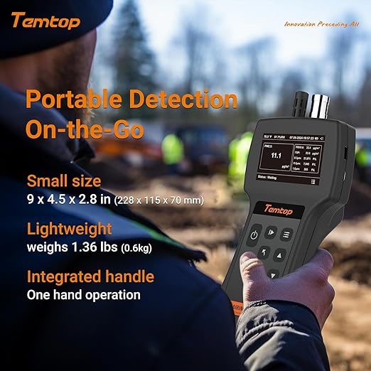 Temtop Handheld Particle Counter 0.3µm 0.5µm 1.0µm – Air Quality Monitor for PM2.5 PM10 TSP, Temperature & Humidity, 32GB Data Logger, USB Export, Rechargeable Battery, Indoor Air Quality Tester