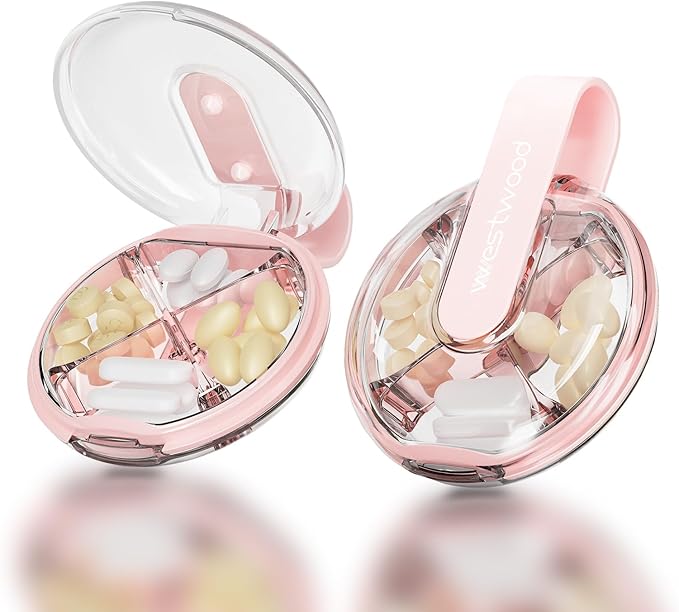 Easy-Grip Round Small Pill Organizer - 4 Compartment Travel Case Compact Pill Box with Strap, Portable and Moistureproof for Vitamins/Medication/Supplements(Pink)