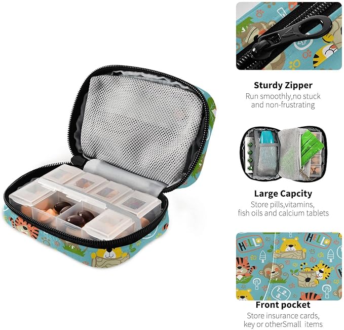 Pill Box Tiger Bear Monkey Cartoon 7 Day Pill Case Travel Pill Organizer Bag with Zipper Portable Weekly Vitamin Medicine Supplement Holder Pouch Bag