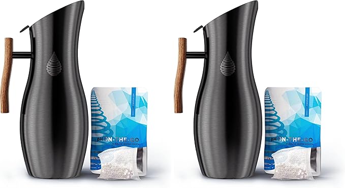 Invigorated Water pH Vitality Stainless Steel Alkaline Water Filter Pitcher - High pH Water Purifier with 1 Alkalizer Filter Pouch (400-Liter Capacity), 8-Cup (1.9L, Black) (Pack of 2)