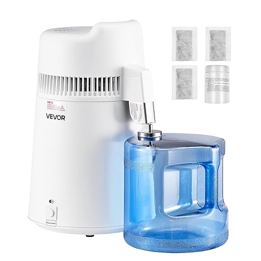 VEVOR Water Distiller, 6L/1.6 Gallon Large Distilled Machine, 900W Distilling Water Maker, 304 Stainless Steel Interior Stiller with Plastic Container, Countertop Distiller for Home, White