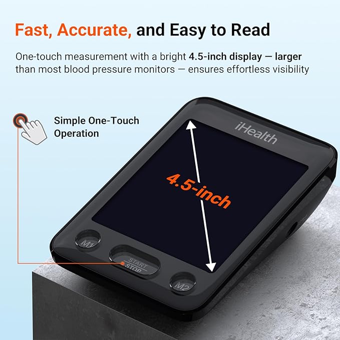 iHealth Accu Blood Pressure Monitor – 4.5" Large LCD(Black), Clinically Accurate, Irregular Heartbeat Alert, Body & Cuff Detection, Bluetooth Sync, Large 8.6"–17" Cuff– Easy for Seniors & Adults
