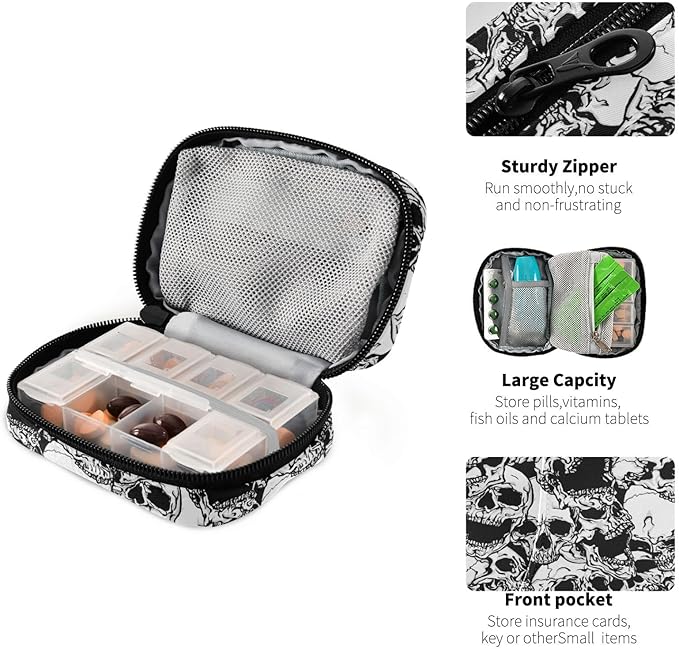 Skulls Pill Box 7 Day Pill Case Travel Pill Organizer Bag Container for Medicine with Zipper Portable Weekly Case Compact Size for Medicine, Vitamin, Supplement