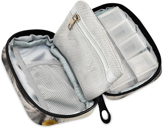 Highland Cow with Flower Pill Organizer Weekly Vitamin Case Bag with Zipper Portable Supplement Holder
