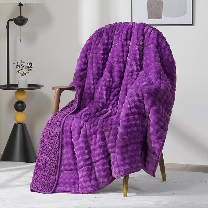 Cottonblue Weighted Blanket 15lbs Bubble Fleece Plush Sherpa Heavy Weighted Blankets for Adults, Fits Queen Size Bed, Cute Fuzzy Warm Heavy Blanket for Calm and Better Sleep, 60"x80", Purple