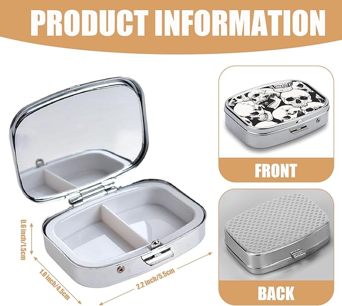 Pill Box-2 Compartment Small Pill Case Square Organizer Case with Mirror Portable Metal Medicine Box Travel Container for Pocket & Purse Women Men（Halloween Skull）