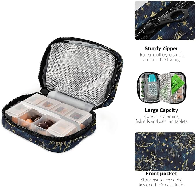 Pill Box Vintage Moon Sun Star Sky 7 Day Pill Case Travel Pill Organizer Bag with Zipper Portable Weekly Vitamin Medicine Supplement Holder Pouch Bag