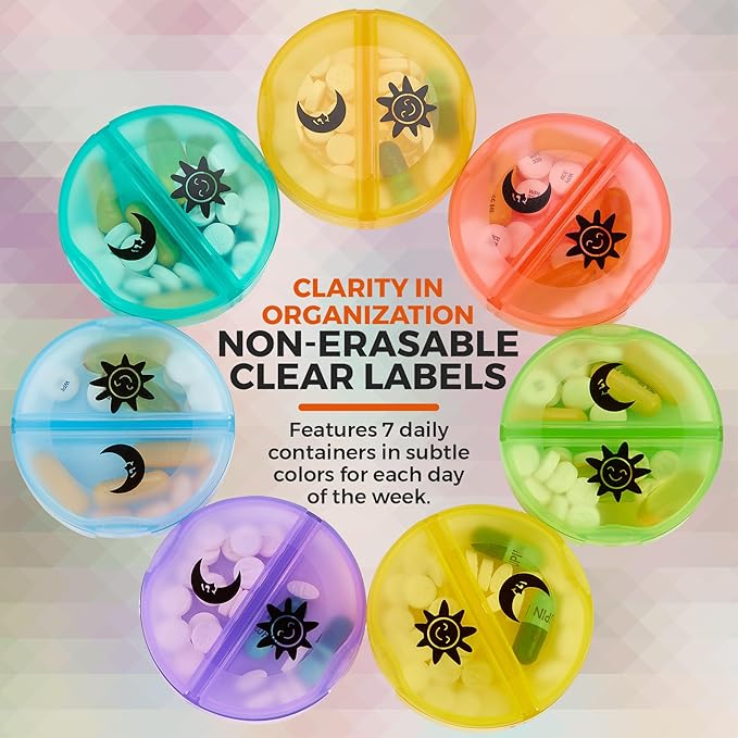 Weekly Pill Organizer - 2 Times-A-Day Compartments - 7 Day AM/PM Pill Container - Portable, Durable and Convenient Travel Pills Case for Tablets, Fish Oils, Vitamins and Supplements, Rainbow, 1 Pack