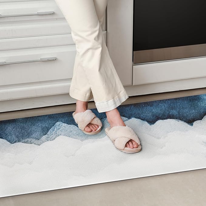 QIYI Floor Comfort Mat 1 Piece Kitchen Rug Leather Waterproof Oil Proof Runner Non Skid Laundry Long Standing Mat Anti Fatigue Foam Cushioned Doormat 17" W x 47" L - Blue and White Watercolor Mountain
