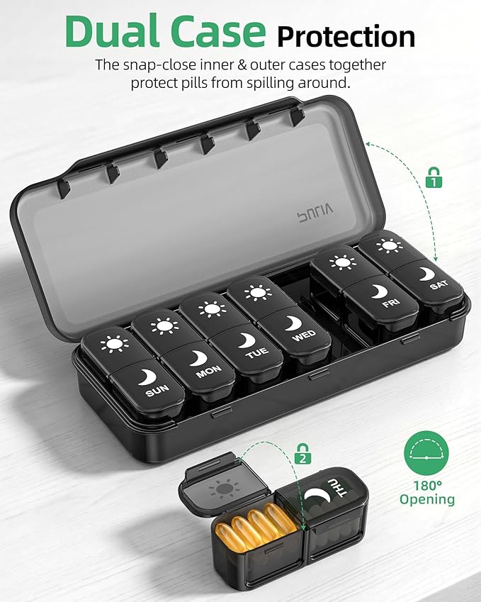 PULIV Large Weekly Pill Organizer 2 Times a Day with Face-Up Prints for Easy Pill Tracking, AM PM Pill Case with Dual Protection, Compact Travel Pill Box 7 Day for Vitamins, Fish Oils, Supplements