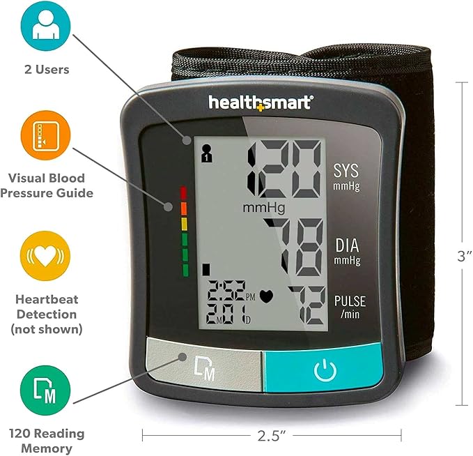 HealthSmart Digital Standard Blood Pressure Monitor with Automatic Cuff That Displays Pulse Rate and Irregular Heartbeat, Stores up to 120 Readings for 2 Users