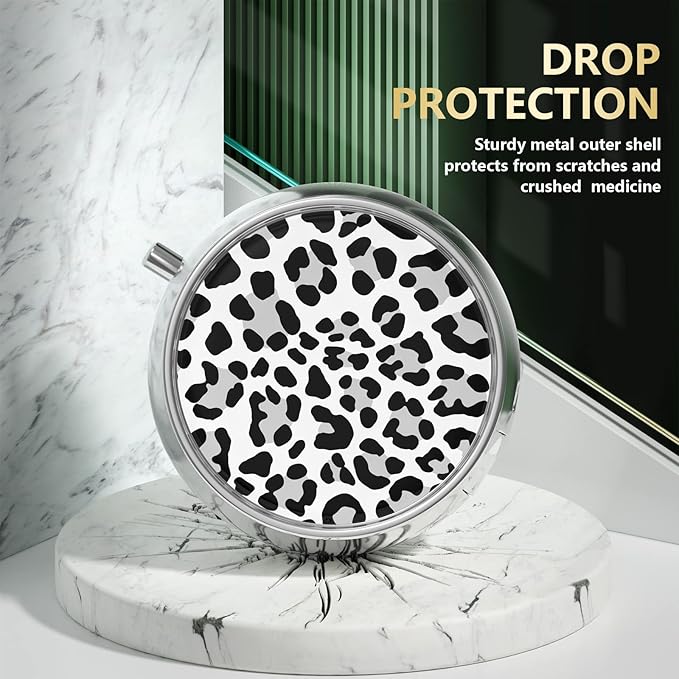 Nipichsha Pill Box, Small Pill Case for Purse & Pocket, Cute Travel Medicine Organizer, Portable Medicine Container Holder to Hold Vitamins, Medication, Fish Oil & Supplement, White Leopard
