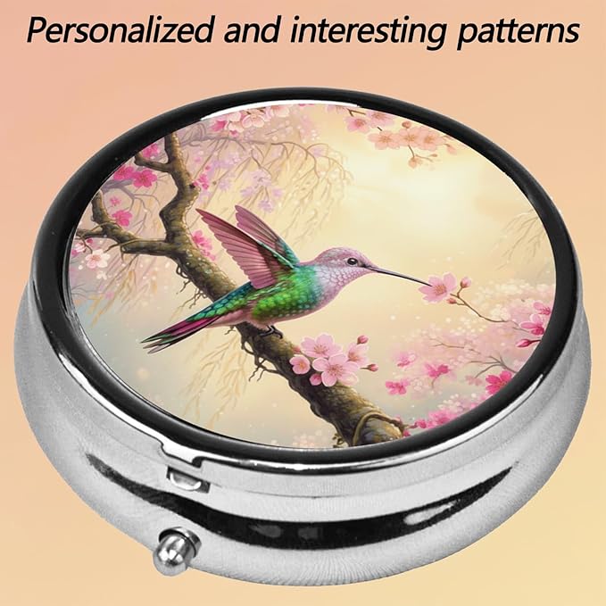Round Pill Case Small Pill Box with Mirror Pocket 3 Compartment Vitamin Pill Medicine Case Organizer Pill Containers for Traveling Hummingbird Cherry Blossom