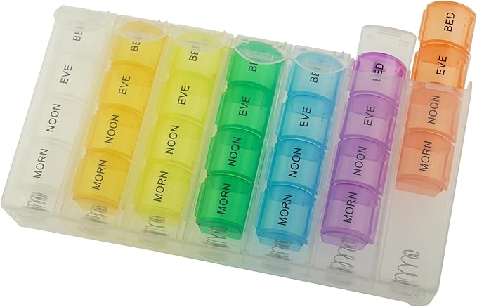 Pop Up Weekly Pill Organizer 4 Times A Day — Large Travel Pill Case w/ 28 Compartment to Hold Medication, Vitamin & Supplement — Daily Pill Box 7 Day — Moisture-Resistant Large Medicine Cases