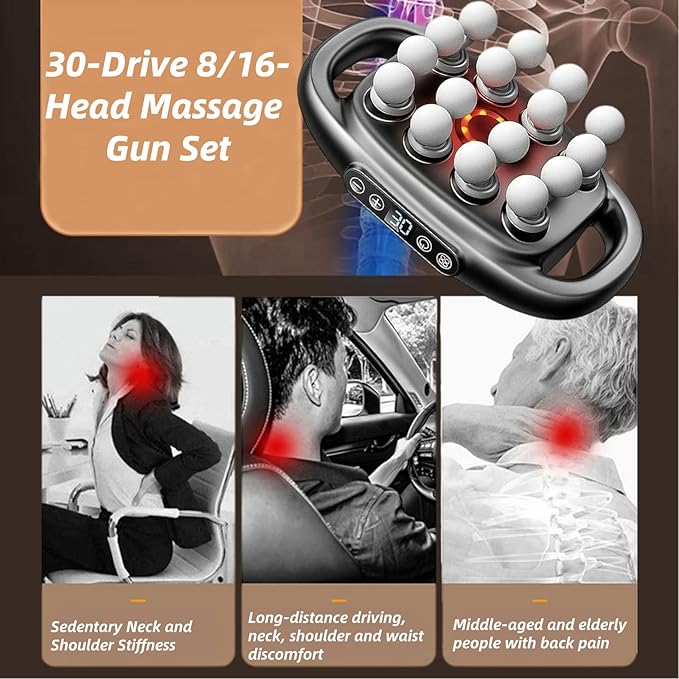 16-Drive 8-Head Massage Gun Set,Massage Gun with 16 Attachments & Red Light Therapy - Quiet 8-Speed Muscle Massager for Back,Legs,Full Body Pain Relief,Recovery and Relaxation (White-8)