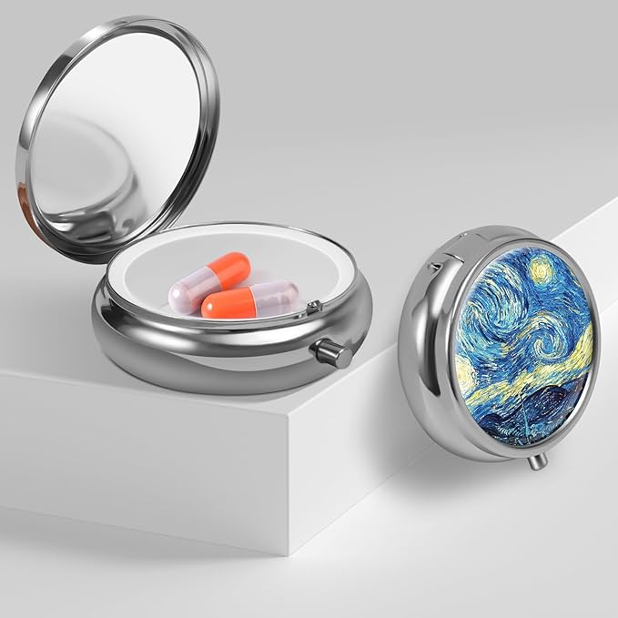 Mini Pill Box, Small Pill Box, Portable Pill Box, Cute Pill Organizer for Vitamins, Medications, Fish Oil and Supplements (Blue Moon)