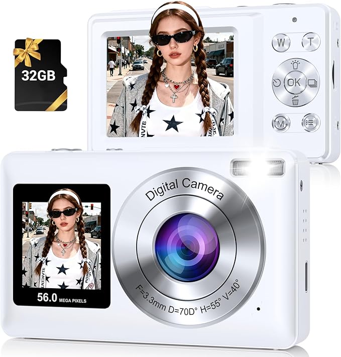 Digital Camera, 56MP 2.7K Dual-Screen Selfie Camera with 16X Zoom, 20 Filters & Anti-Shake, Portable Point and Shoot Digital Cameras with 32GB Card, Compact Travel Cameras for Beginners Teens Kids