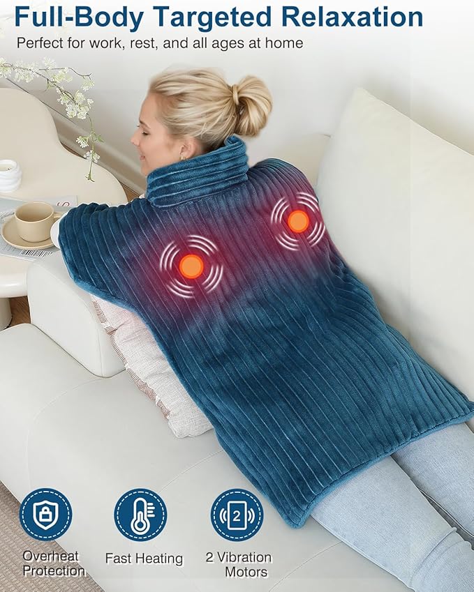 Dowin Vibrating Heating Pad for Neck and Shoulders,24"x35" Large Heating Pads for Back Pain Relief with 2 Massagers,Auto-shutoff,2 Heat Settings,4 Massage Modes,Machine Washable,Teal