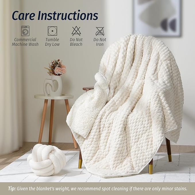 Wemore Fleece Weighted Blanket for Adults (80" x 87" 15lbs, Cream White), Dual Sided Cozy Soft Sherpa Heavy Blanket, 3D Imitation Turtle Shell Warm Jacquard Flannel Weighted Blankets for Couch and Bed