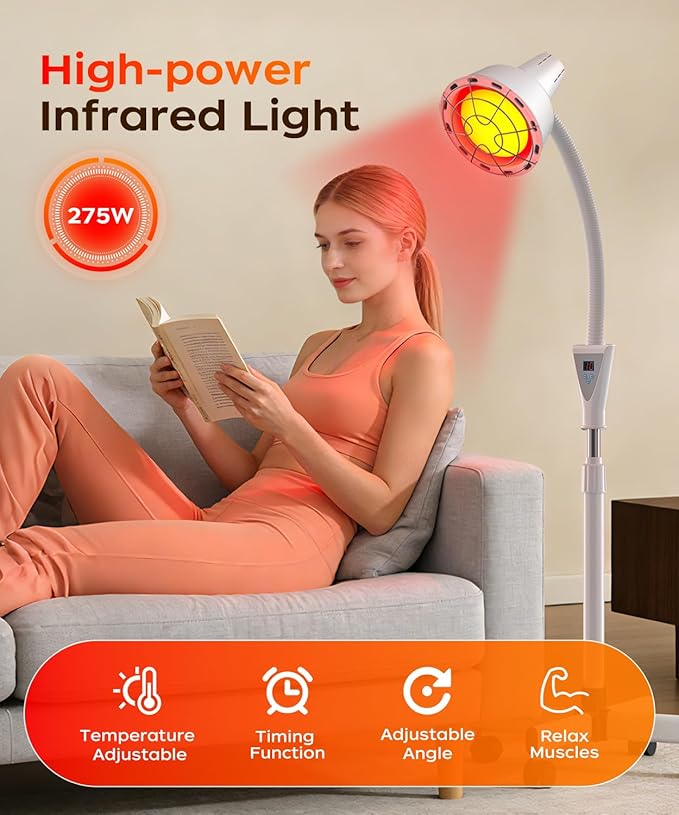 LHCYLDQ 275W Infrared Light Therapy Lamp - Red Near Infrared Heat Lamp for Joint Muscle Pain, Adjustable Standing Lamp Head with Freely Adjustable Temperatur(White)