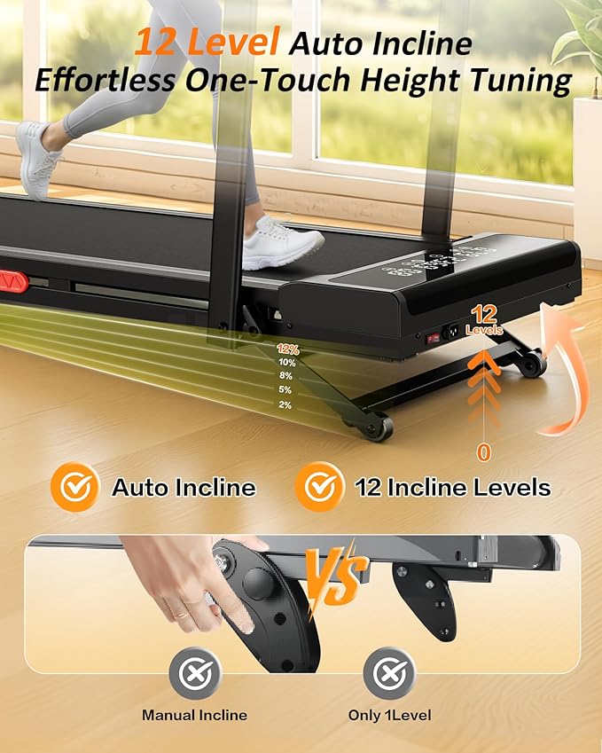 Treadmill with Auto Incline,12-Level Incline Walking Pad Treadmill with Handle Bar,3.0HP Quiet Under Desk 350 lbs Weight Capacity 2 in 1 Foldable Treadmills Walking LED Display for Home Office Gym