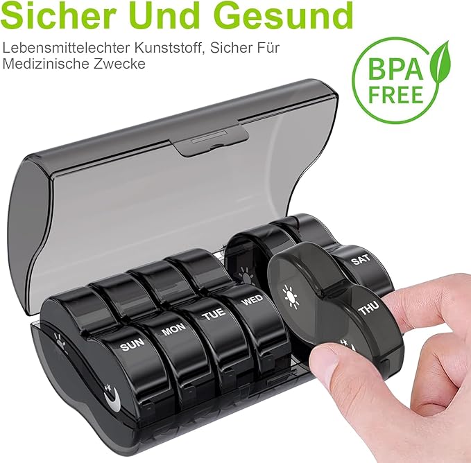 Daily Pill Organizer for Women and Men with 7 Compartments, Large Capacity, Water Resistant, Leakproof, Durable, Easy to Carry (Black)