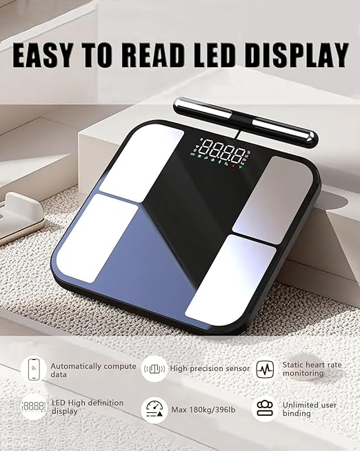 Scale for Body Weight - 8 Electrodes High Precision Digital Scale for BMI - 56 Body Composition Metrics - Bluetooth Bathroom Scale with LED for Home/Fitness