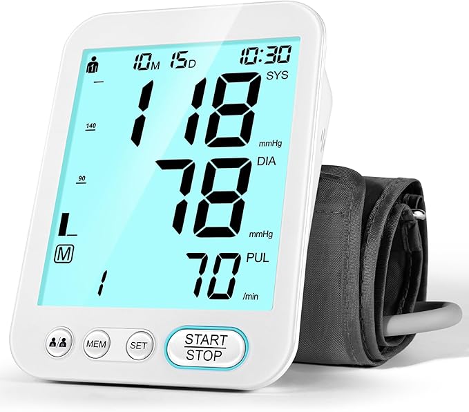 Blood Pressure Monitor Upper Arm BP Machine for Home Use Accurate Large Adjustable 8.7"-16.5" Cuff LCD Backlit Display with Carrying Bag, White