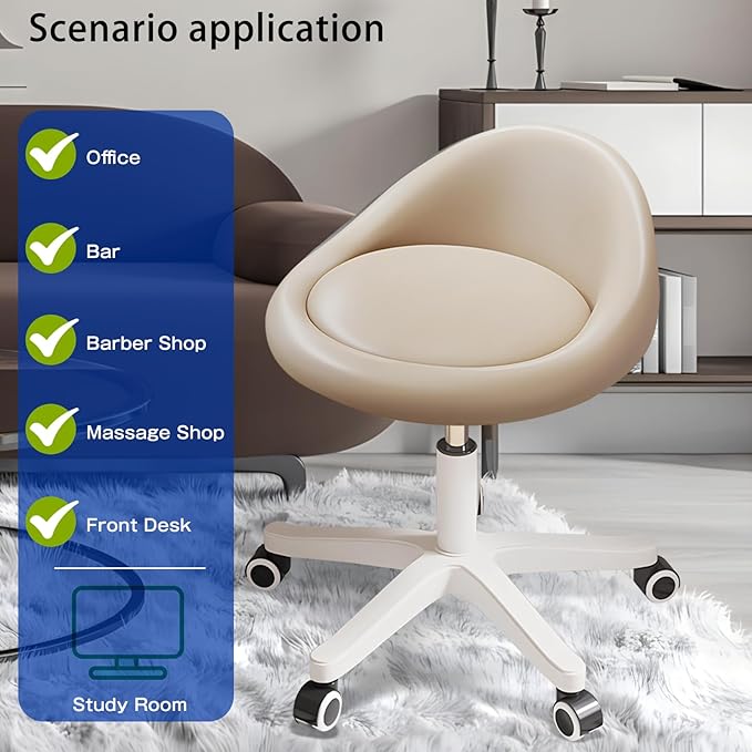 Rolling Stool Set of 3– Ergonomic Swivel Seat, Adjustable Height, Ultra-Quiet Wheels, Padded PU Leather Cushion, for Salon, Office, Massage & Medical Use Khaki