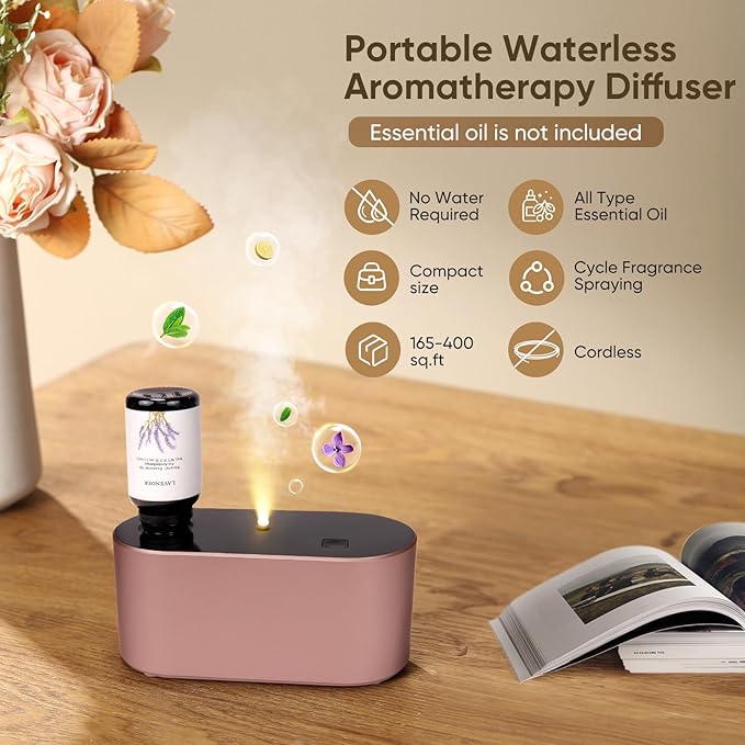 Waterless Diffuser for Home Essential Oil Diffuser, Aromatherapy Diffuser, Portable Scent Diffusers, 3 Mist Modes, Cycle Start for Bedroom, Office Studio 350-700 sq. ft Rose Gold