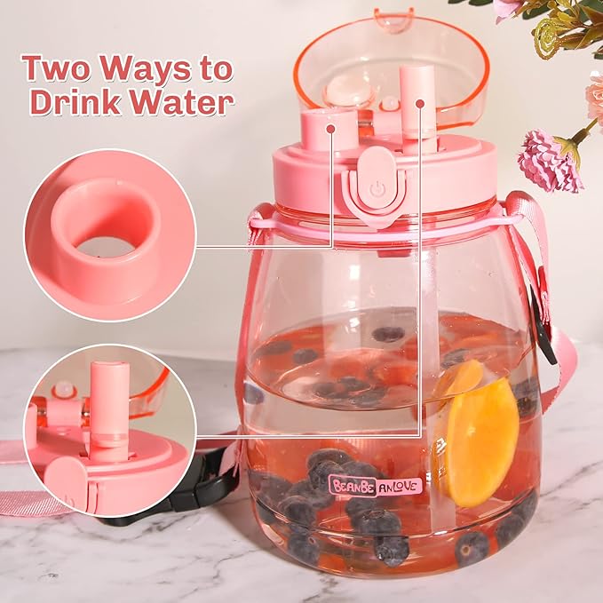 Pink Cute Water Bottles, Upgrade 45oz Water Bottles, Photo Artifact with Shoulder Strap, Suitable for Travel