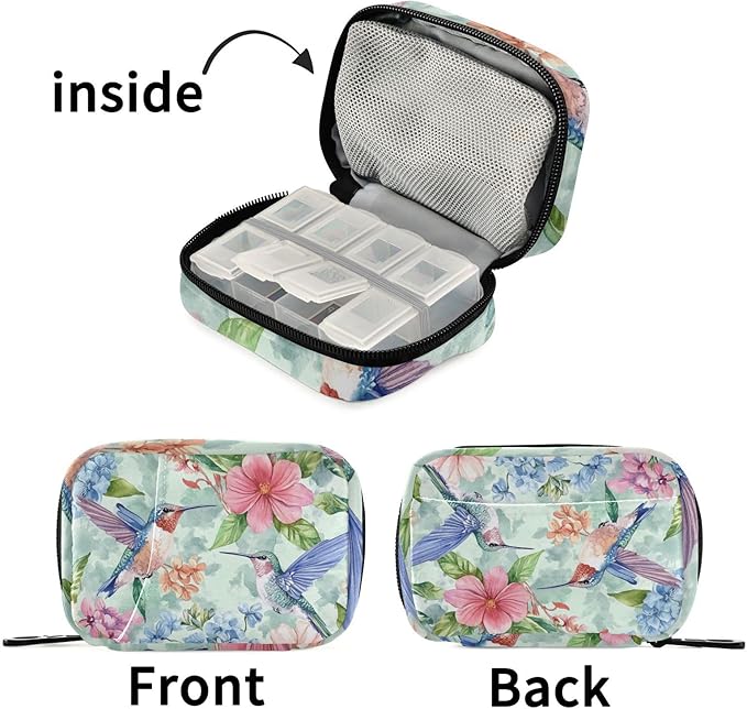 Travel Pill Case Hummingbird Birds and Flowers Weekly Small Pill Box 7 Day Pill Box Pill Organizer Bag