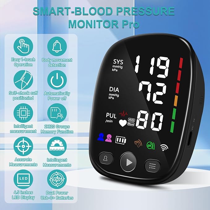 Bluetooth Automatic Blood Pressure Monitor for Home Use - with Adjustable Upper Arm Large Cuff (8.7"-17.3"), App Tracking, LED Display 2 Users 240 Sets Memory, Hypertension Detector