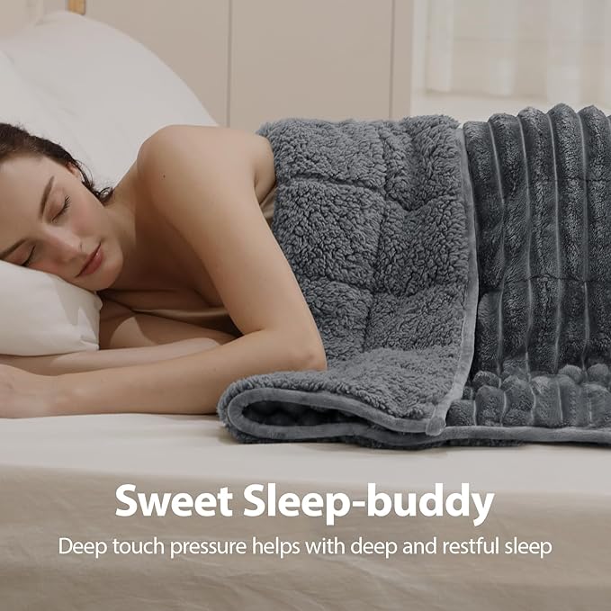 Sherpa Fleece Weighted Blanket with 3D Ribbed Stripes, 15 lbs Soft Flannel Heavy Throw Blanket for Couch Full Size Bed, Heavy Thick Blankets with Glass Beads, Great for Deep Sleep, 60" x 80"