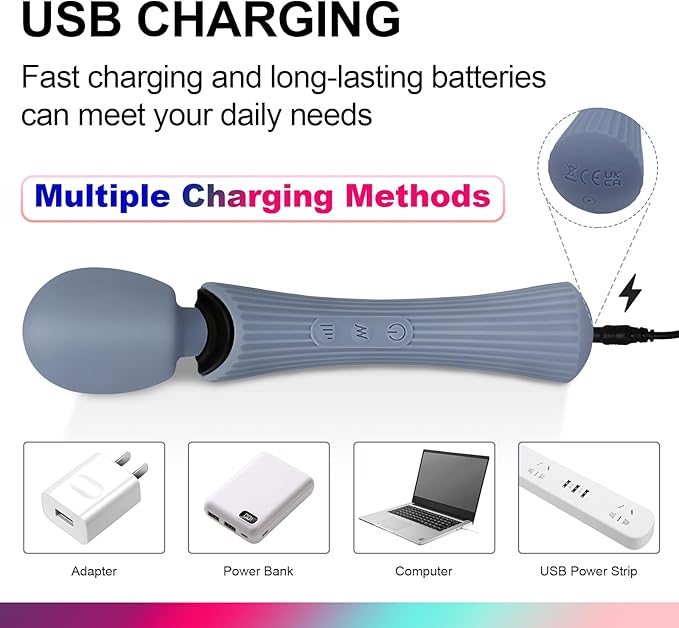 Wand Massager - 12 Vibration Modes & 3 Speeds Cordless Personal Massager - IPX7 Waterproof Handheld Electric Massager for Muscle Recovery & Stress Relief - 7.9" Rose Blue