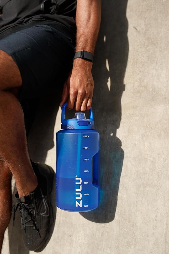 ZULU Goals 128oz Half Gallon Plastic Water Bottle with Straw and Time Marker | Large Reusable Jug with Handle and Leak Proof Lid for All Day Hydration, Gym and Outdoors, Gift Ready, Royal Blue
