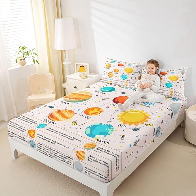 Solar System Fitted Sheet Twin, Outer Space Bedding Set Educational Bed Sheet Set for Kids Planet Solar System Bed Cover Lightweight