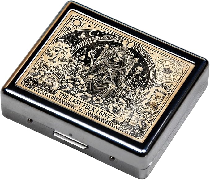 7 Days Chromed Shiny Silver Pill Organizer with Mirror Inside Has 8 Separate Compartments Rectangle,Versatile Storage for Medication - Ideal Travel Accessory (The Skeleton on the Throne)