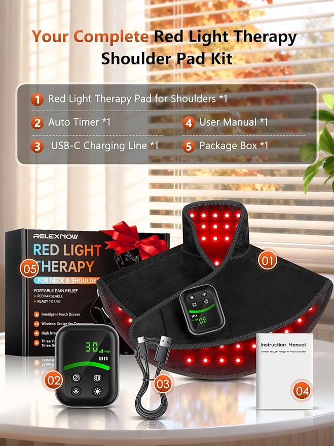 Red Light Therapy for Shoulders and Neck Massage with Heat, 5000 mAh Battery Cordless Near Infrared Red Light Therapy Pad for Body, Wearable Heating Pad for Upper Back, Shoulder & Neck