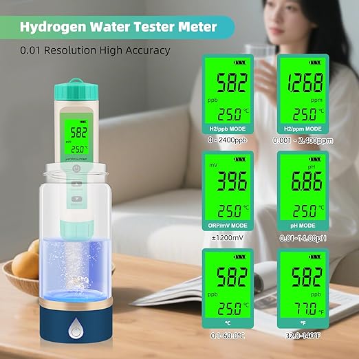 Hydrogen Water Tester, 4-in-1 pH H2 ORP Temp Meter, High Accuracy Hydrogen Tester for Water, Portable ORP Meter for Drinking Water, Aquarium, Hydrogen Water Bottle, Home and Lab Use, Pool
