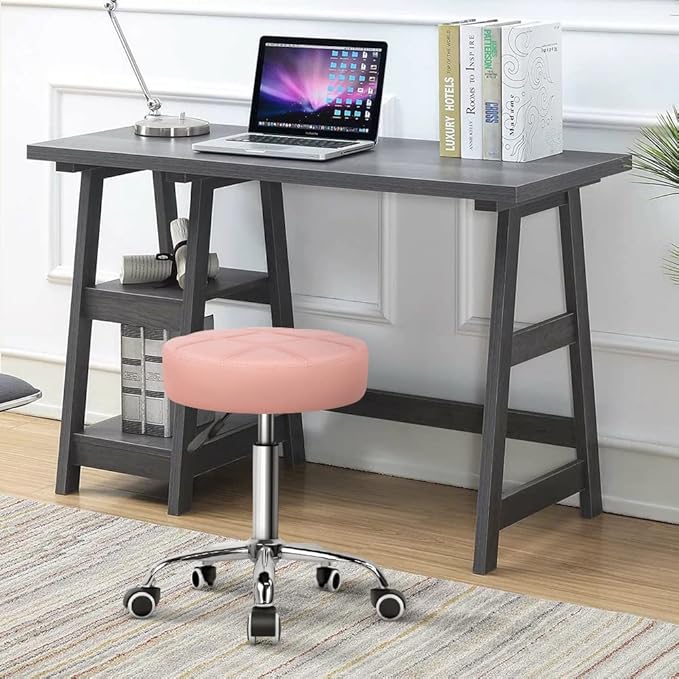 KKTONER Round Rolling Stool Chair PU Leather Height Adjustable Shop Stool Swivel Drafting Work SPA Salon Stools with Wheels Office Chair (Pink)