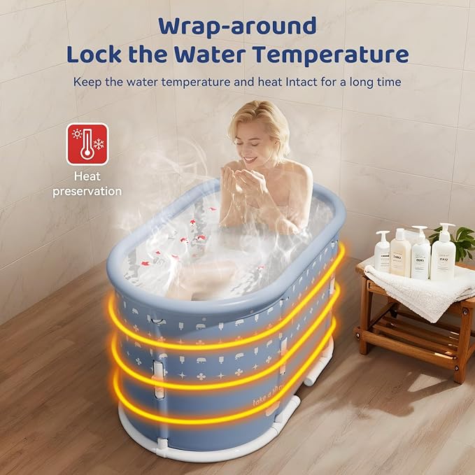 Portable Bathtub, Foldable Bathtub No Installation, Freestanding Shower Bathtubs with Cushion, Collapsible SPA Soaking Bath Tub, Hot & Ice Bath Tub for Indoor Outdoor (Light Blue Gray)