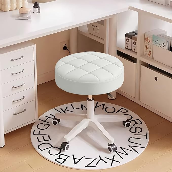 Small Rolling Stool with Wheels, PU Leather Height Adjustable Vanity Work Task Stool, 360 Swivel, Padded Seat Cushion,for Salon, Home, Office