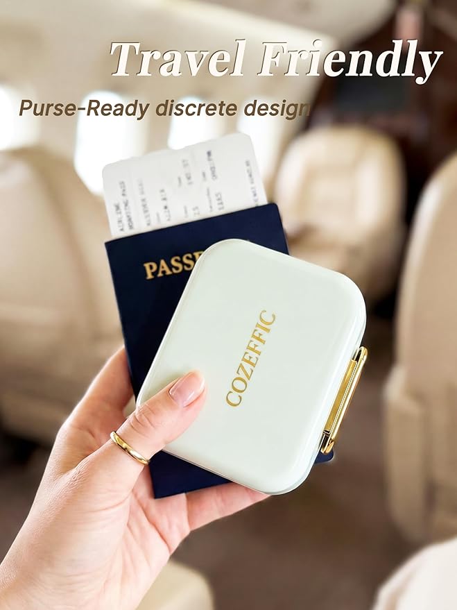 Small Pill Case Travel Pill Box with 7 Compartments for Purse - Compact Pill Organizer for Medicine Vitamin - Portable Container for Fish Oil & Supplements - Sage