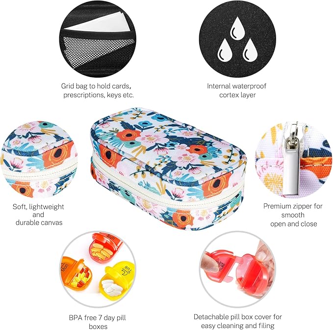 Serfeymi Weekly Travel Pill Organizer 2 Times A Day AM PM Rainbow Pill Box 7 Day with Zipper Canvas Pill Case, Medicine Organizer for Pills, Vitamins, Fish Oils - Purple 01+ Bloom 01