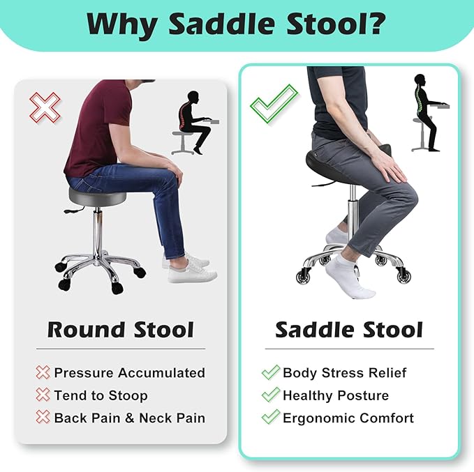 Saddle Stool Chair with Wheels, Ergonomic Thicker Saddle Seat Design for Healthy Sitting Posture, PU Leather, Rolling Saddle Stool with Silent Rubber Wheels Adjustable for Salon Massage Home, Black