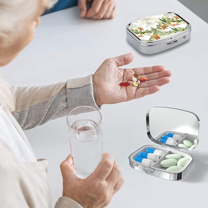 Pill Box-2 Compartment Small Pill Case Square Organizer Case with Mirror Portable Metal Medicine Box Travel Container for Pocket & Purse Women Men(Highland Cow Forest)