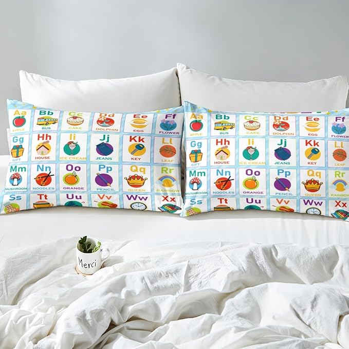 Alphabet Fitted Sheet Full Size, ABC Alphabet Bedding Set Kids Toddler Learning Time Bed Sheet Educational Learning Bed Cover Lightweight