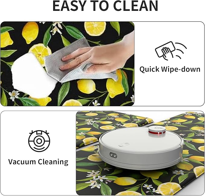 Lemon Kitchen Mats for Floor - Anti Fatigue Mats for Kitchen Floor, Cushioned Non-Skid Washable Memory Foam Rug for Office, Sink, Laundry (17.3"×47"×0.47") Black