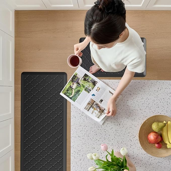 Kitchen Mats for Floor 2 Piece - Anti Fatigue Mats for Kitchen Floor - Non Slip Cushioned Rugs for Standing, Office, Sink, Laundry, Black